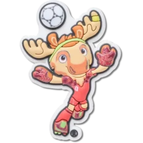 Jibbitz-Anstecker mit dem Maskottchen der FIFA-Weltmeisterschaft in Kanada
